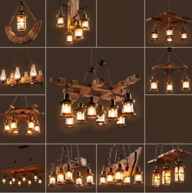 

Retro Bar Industrial Wind Chandelier Loft Solid Wood Personality Restaurant Bar Industrial Coffee Shop Industrial Chandelier