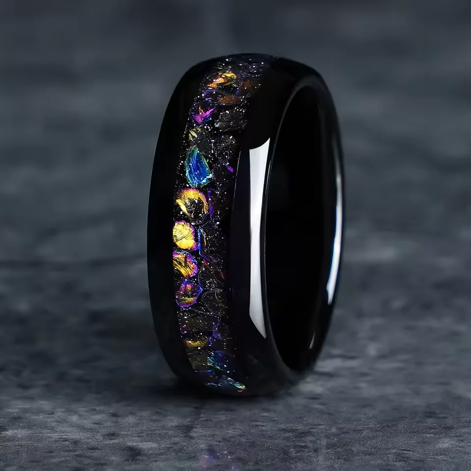 Morden 8mm Men Stainless Steel Rings Inlay Galaxy Style Colorful Abalone Shell Rings For Men Wedding Engagement Band Jewelry