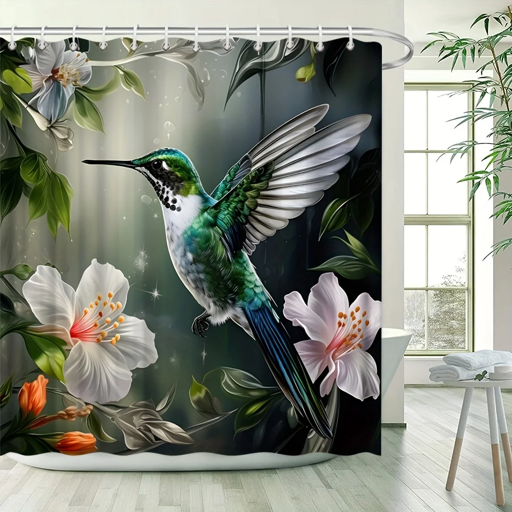 ستارة حمام الطائر الطنان النابضة بالحياة - زهور وأوراق خضراء غريبة، ديكور منزلي مقاوم للماء يضيف جمالًا الطبيعة إلى حمامك