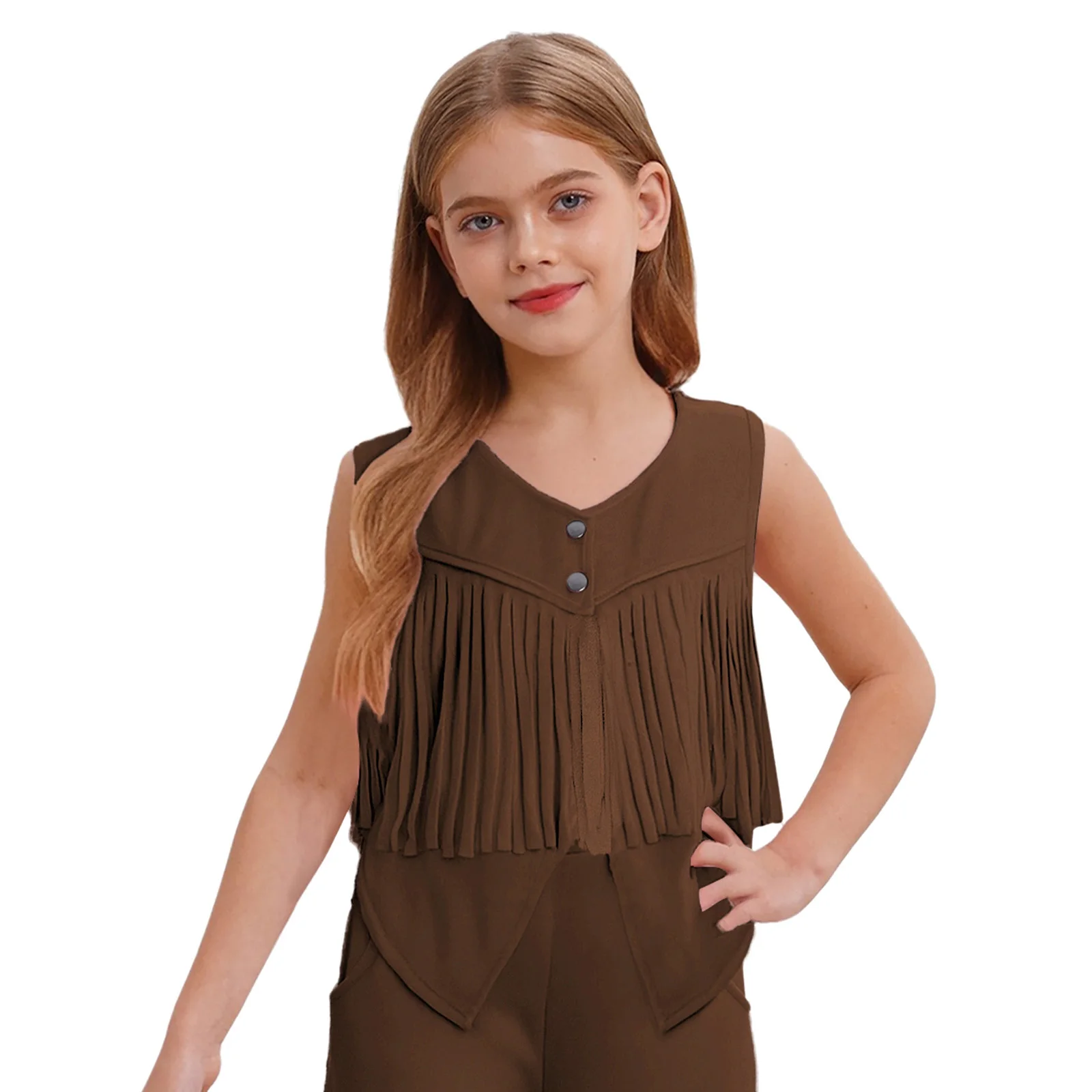 Kids Girls Boys Role Play Hippies Waistcoats Halloween Cowboy-themed Costume Party Dress Up Cowgirl Faux Suede Fringe Vest - Image 2