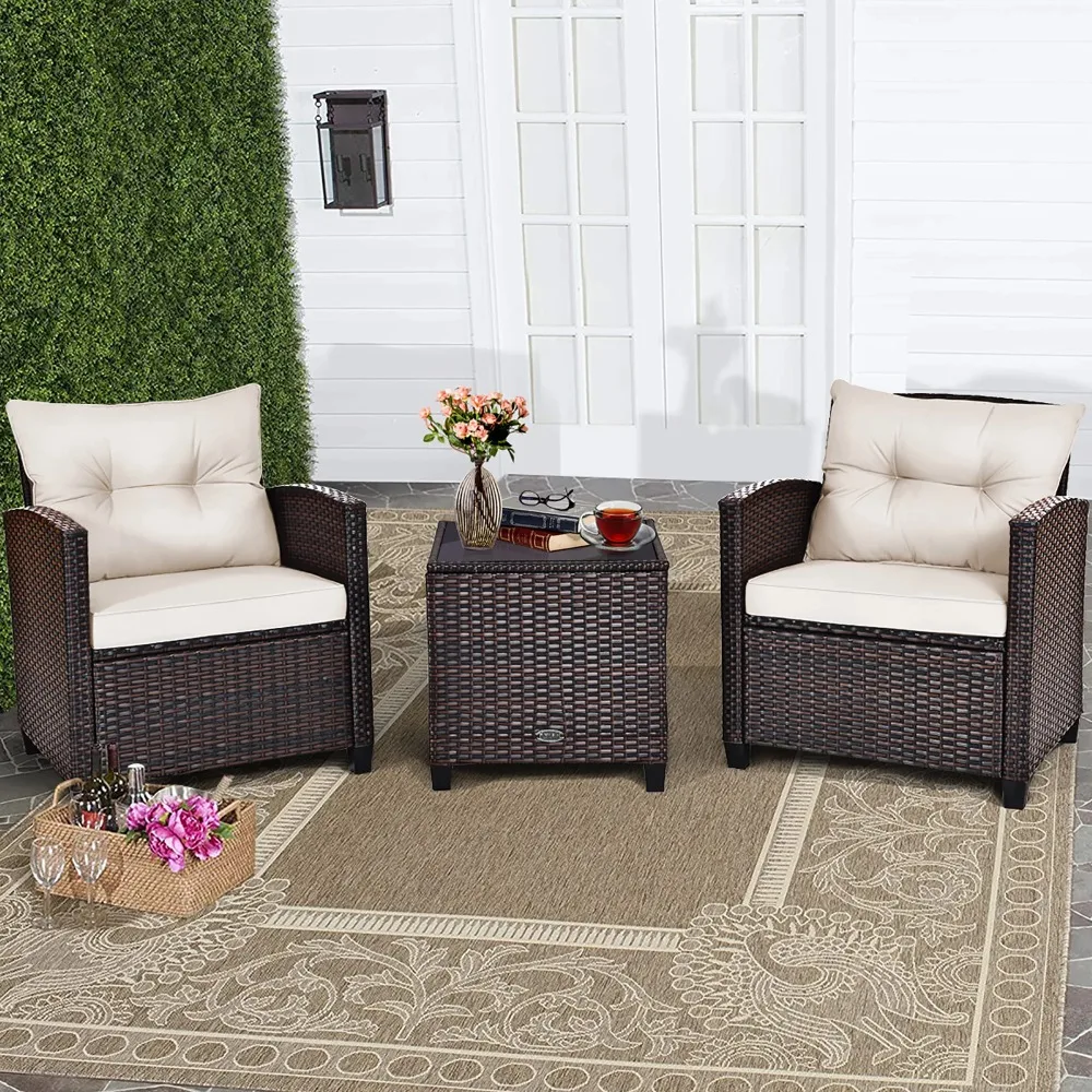 

3PCS Patio Rattan Furniture Set Cushioned Sofa Coffee Table Garden off White