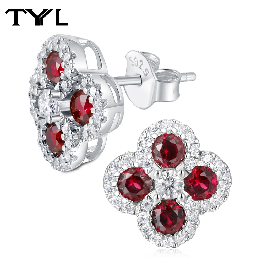 TYYL Lab Grown Ruby Stud Earrings 925 Silver Four Leaf Clover Design Moissanite Halo Earring Wedding Daily Party Luxury Jewelry