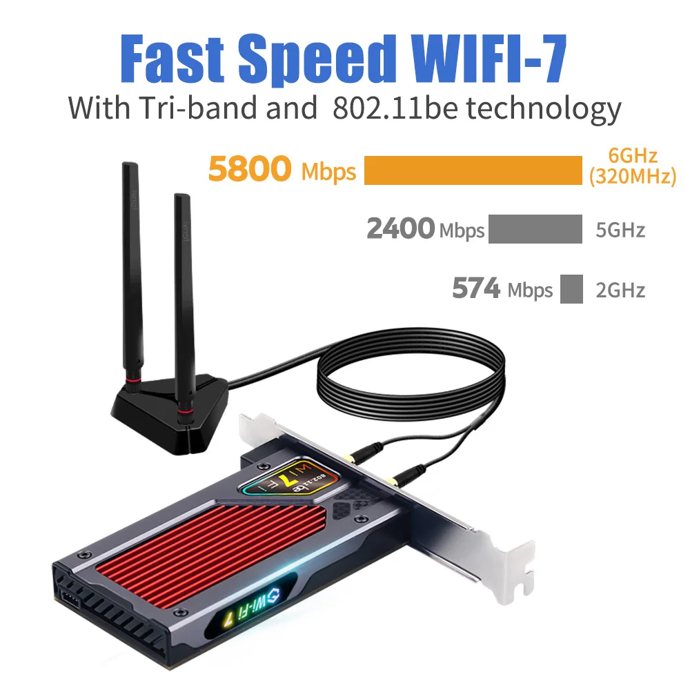 WiFi 7 BE8800RGB PCIE 무선 네트워크 카드 BT5.4 확장 베이스 Win10/11이 포함된 데스크탑 PC용 8774Mbps 트라이 밴드 2.4G/5G/6GHz