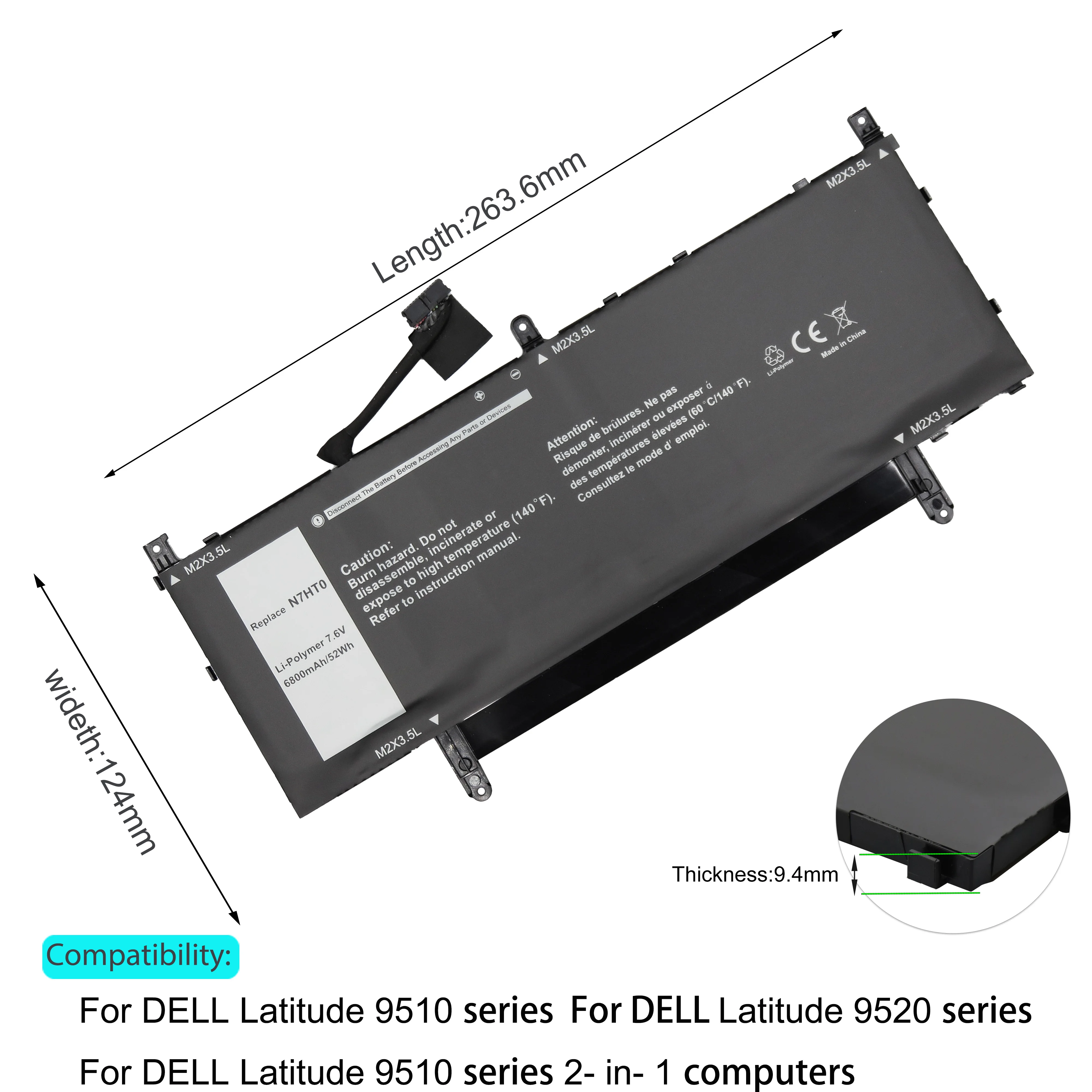 For DELL N7HT0 Laptop Battery DELL Latitude 9510 9520 2-in-1 Series N7HT0 TVKGH HYMNG 08NFC7 0PKW00 089GNG