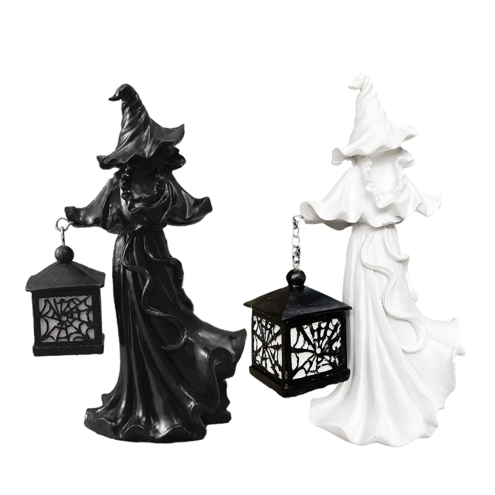 Witch with Lantern Statue Halloween Decoration Craft Hell with Lantern Ornament for Porch Clubs Themed Party Farmhouse Bookshelf