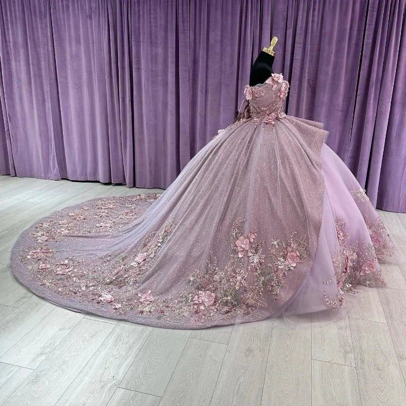 

Sparky Lavender 3D Flowers Off the Shoulder Quinceanera Dress With Ruffles Beads Princess Ball Gown for Sweet 16 Dress Lace-up