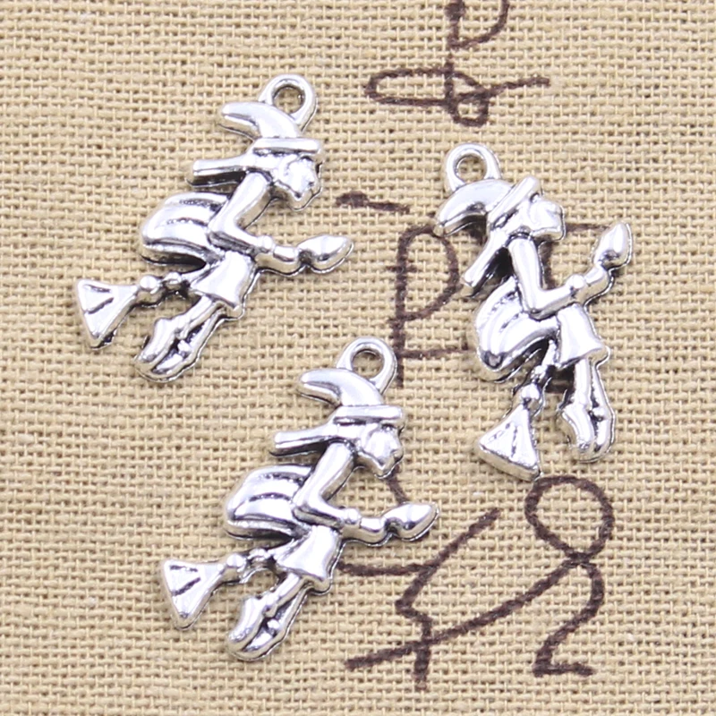 10pcs Charms Halloween Witch On Broomstick 25x19mm Antique Silver Color Pendants Making DIY Handmade Tibetan Finding Jewelry