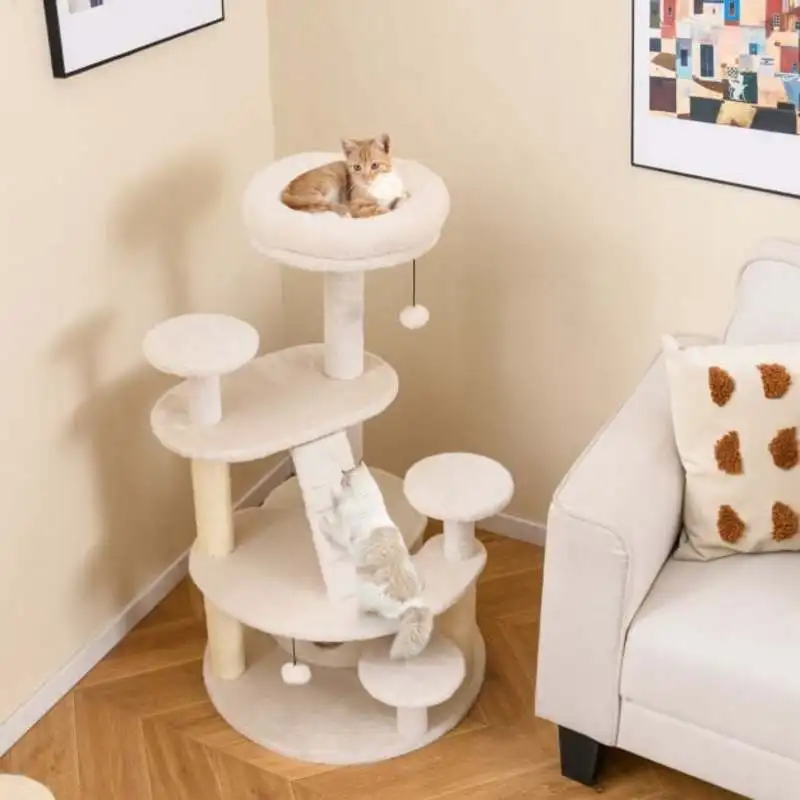 Kleiner Katzenbaum mit Katzenhöhle & Ball & Leiter Holz-Katzenbaum Katzen-Kratzbaum Beige