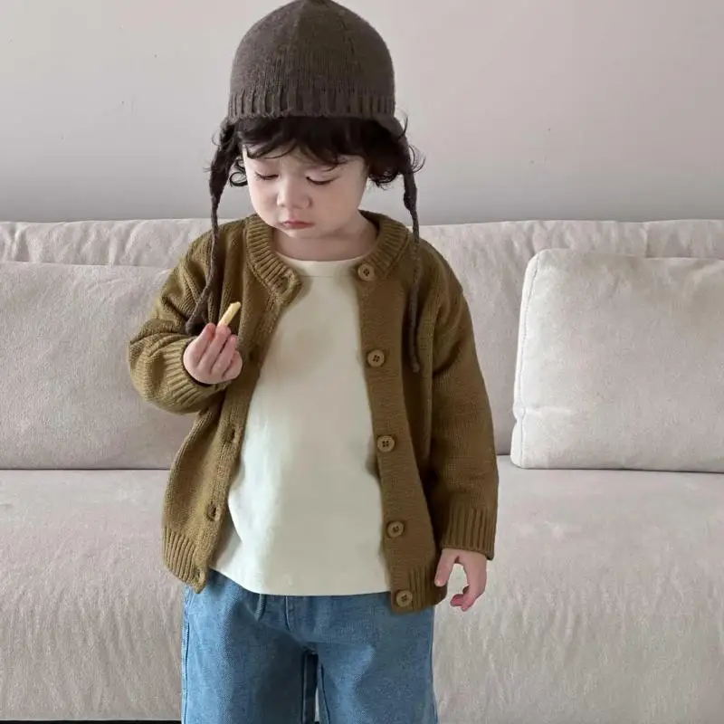 Infant Boys Knitted Cardigan Toddler Girls Casual Knitwear Kids Clothes 2025 Autumn New Baby Long Sleeve Sweater Coat Solid