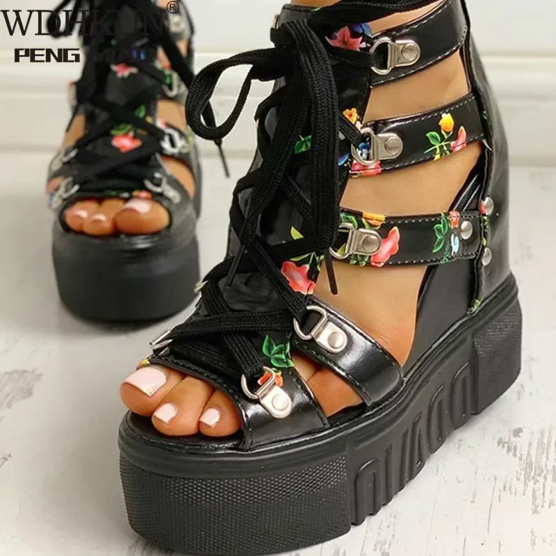 INS Hot Print Leisure Wedges Women's Shoes 2020 Summer Shoes Women Sandals Platform Shoelaces High Heels Casual Shoes Woman 4243