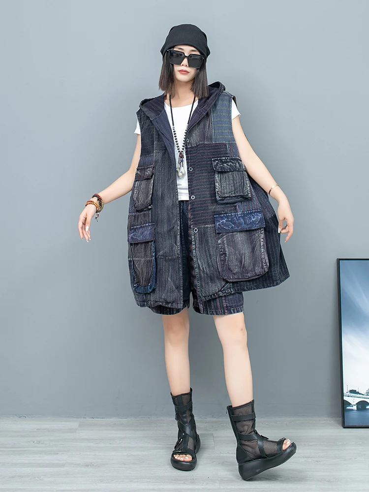 

Women Retro Distressed Hooded Stitched Sleeveless Vest Elastic Waist Shorts Two-piece Set Summer Loose Fashion Streetwear Suit