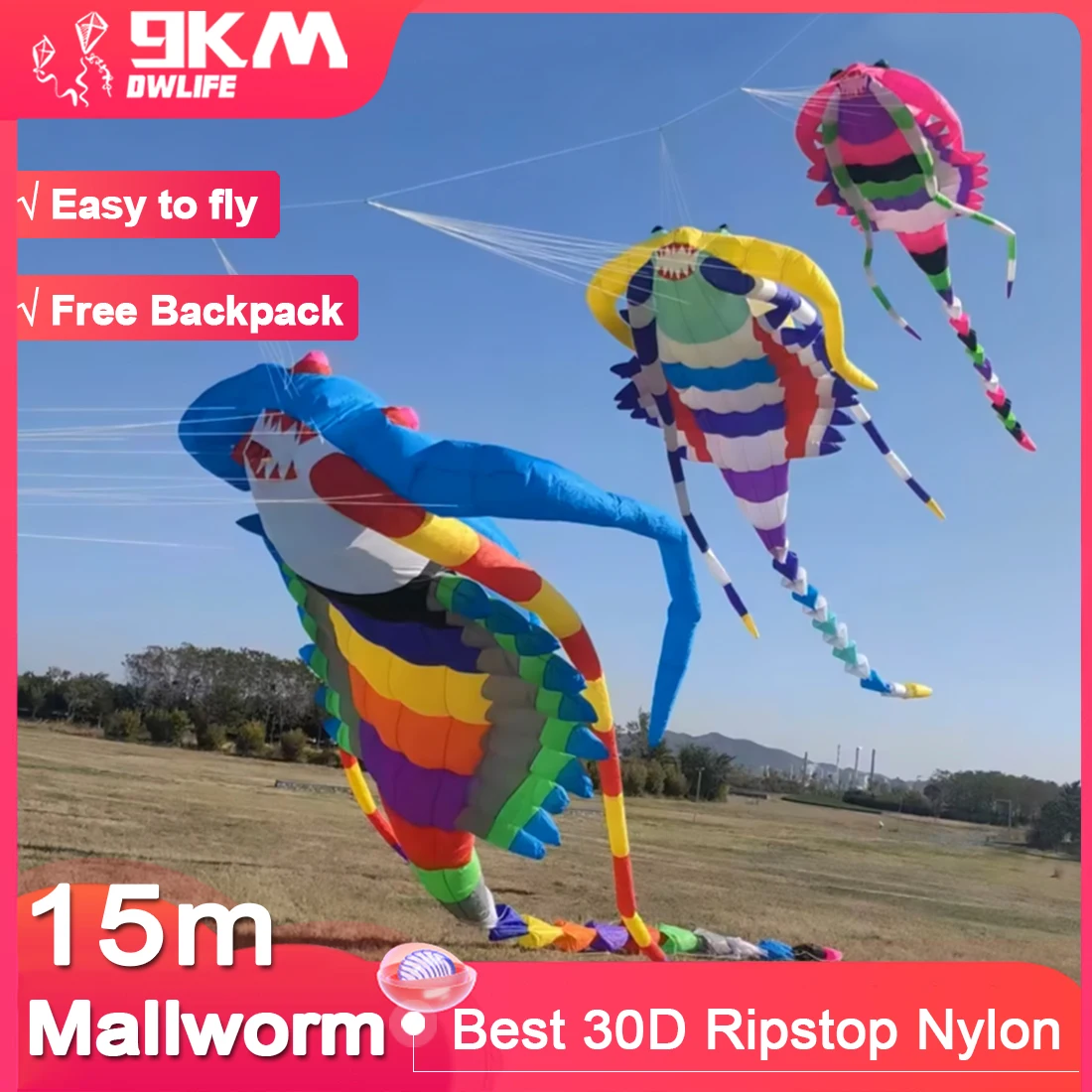 9KM 15M Mallworm Kite Line Lavanderia Kite Morbido Gonfiabile 30D Ripstop Nylon per Festival di aquiloni con borsa (accetta all'ingrosso)