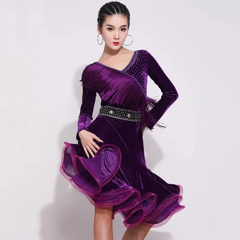 大人女性用ベルベットタッセルダイヤモンドプロフェッショナルナショナルスタンダードダンスドレスソーシャルルンバチャチャダンスウェアパフォーマンスコスチューム