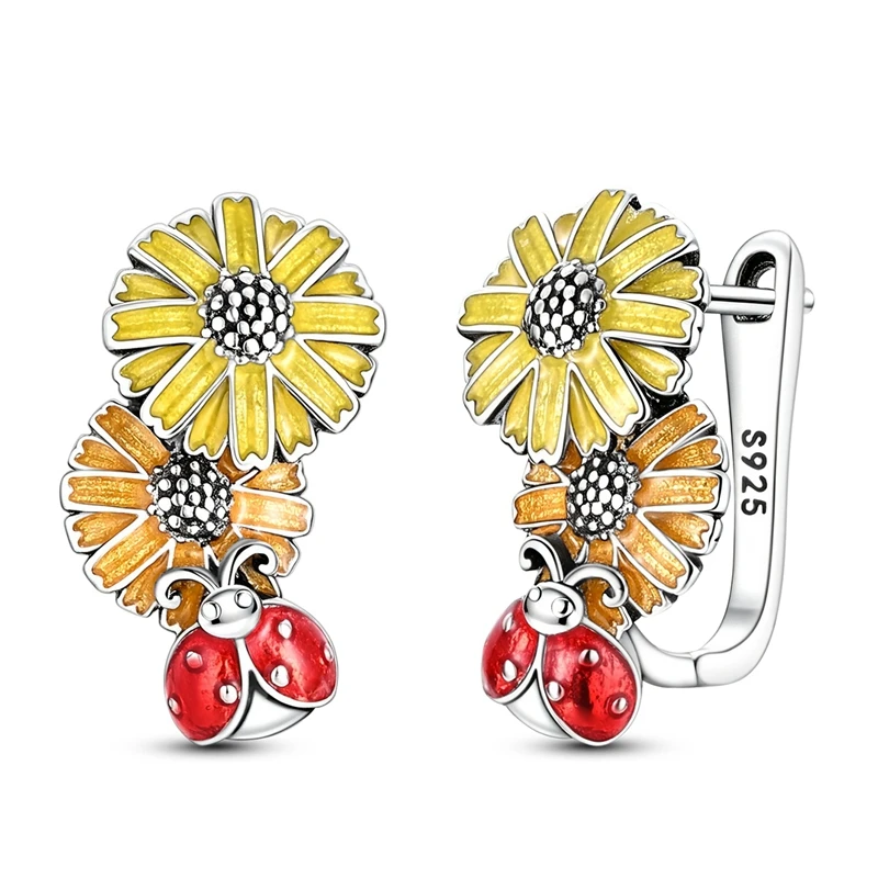 Glazed Sunflower Ladybug Earrings Women 925 Sterling Silver CZ Zircon Ear Studs Sparkling Earring Wedding Anniversary Gifts