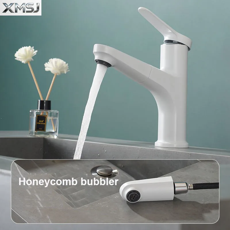 

Bathroom Basin Faucet White Pull Out Faucet Hot and Cold Water Kitchen Sink Mixer Faucet Deck Mounted with Stream Shower Mode