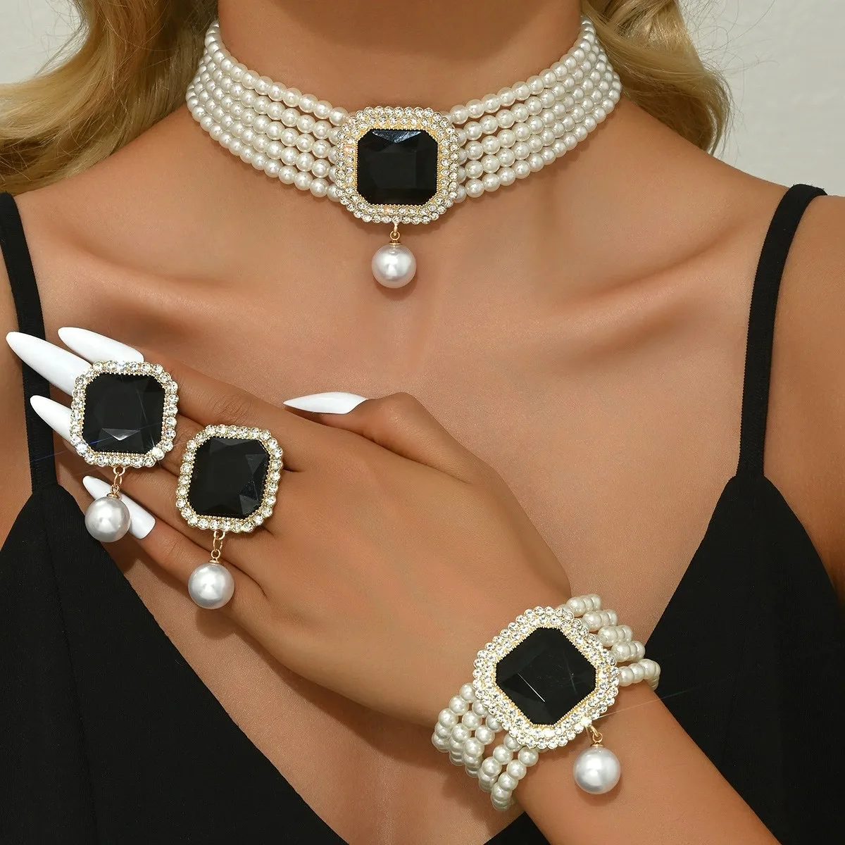 KMVEXO Elegant Crystal Square Imitation Pearl Necklace Bracelet Stud Earrings Set for Women Choker Jewelry Sets Lady Party Gift