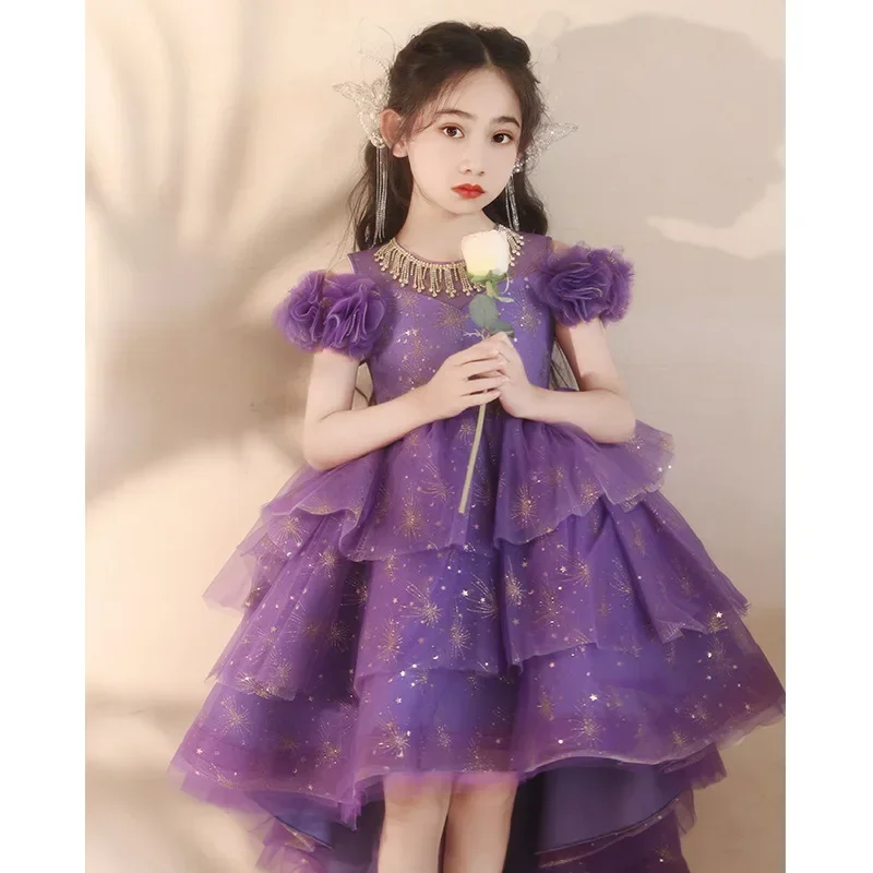 Girl Trailing Wedding Bridesmaid Summer Purple Children's Elegant Banquet Flower Girl Dress Children's Dress for First Communion