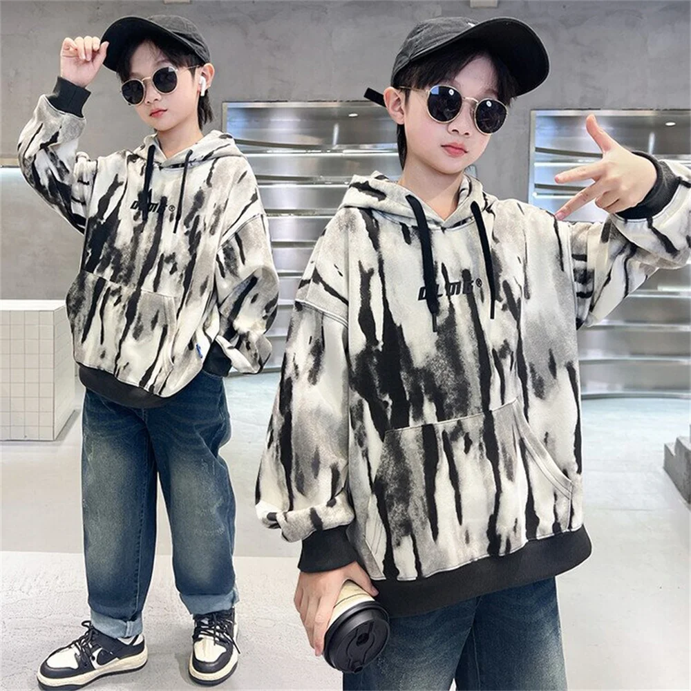 

2329 Ripple Printing Dyeing Korean Version Casual Boy Hoodie Jacket Pure Cotton Letter Embroidery Spring Children's Hoodie