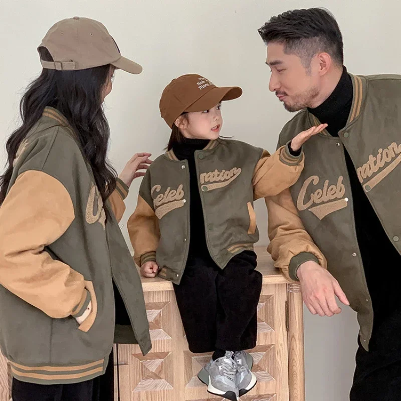 Fashion Family Winter Warm Thick Bomber Jacket Mother and Daughter Matching Baseball Coat Korean Father and Son Clothing Tops