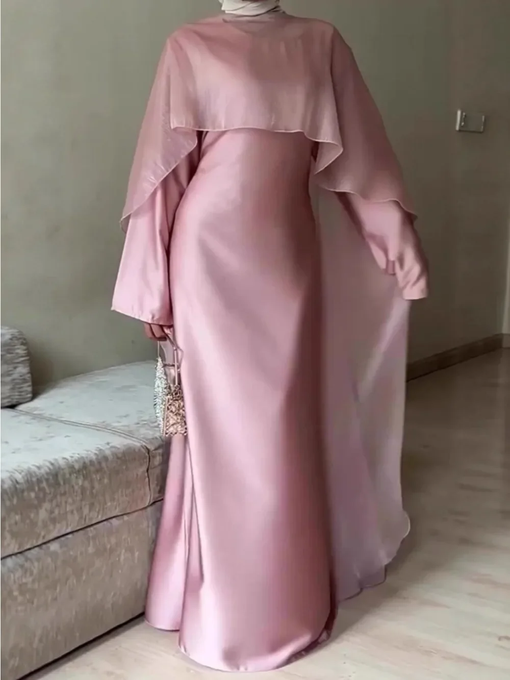 Women Dress Cape Silky Pink Party Dresses Abaya Muslim Jalabiya Ramadan Vestidos Largos Islam Arab Long Robe Dubai 2026 Eid
