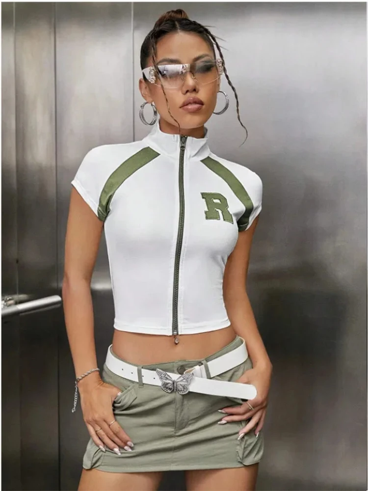 Y2K Retro Western Zipper Short Sleeve Gothic T-shirt Women's Clothing Summer Fashion Sexy Splicing Short Shoulder Harajuku Top