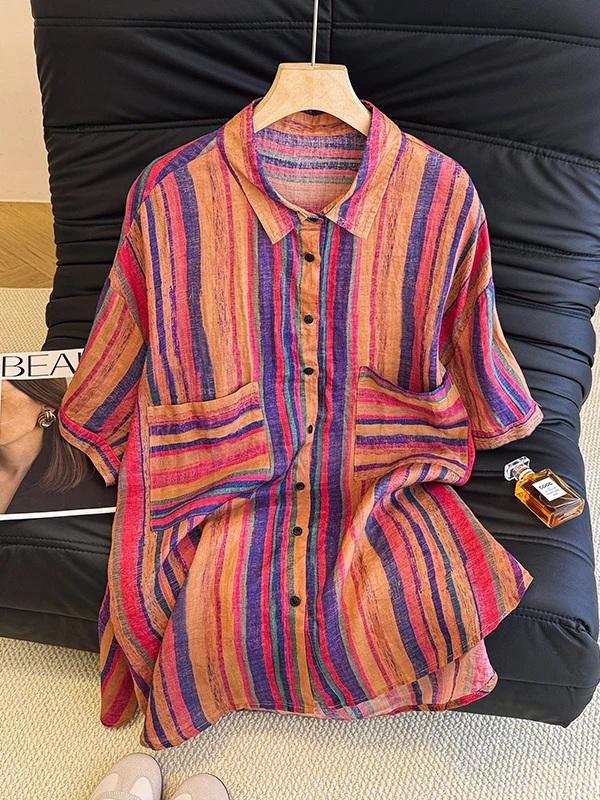 Artistic Mid-Length Striped irt Large Size Women's Double ket Single Button Turn-down Collar Slimming Versatile Top Summer