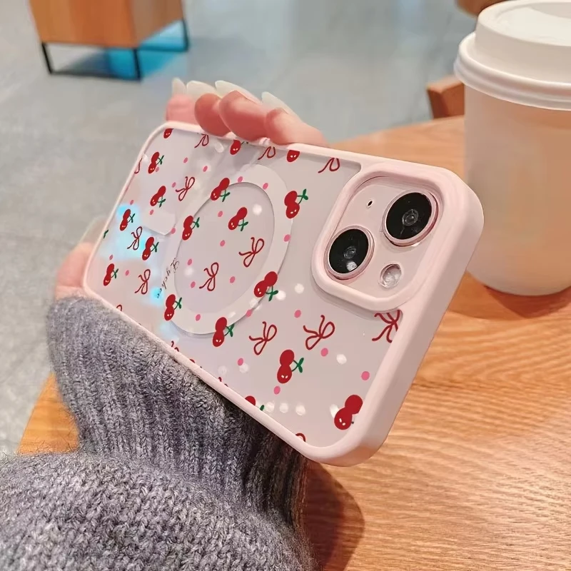 Red Cherry Printed Magnetic Phone Case For iPhone 17 16 15 14 13 12 Pro Max Mini X XS XR 14 Plus 16E 17Air Clear Hard Cover view 3