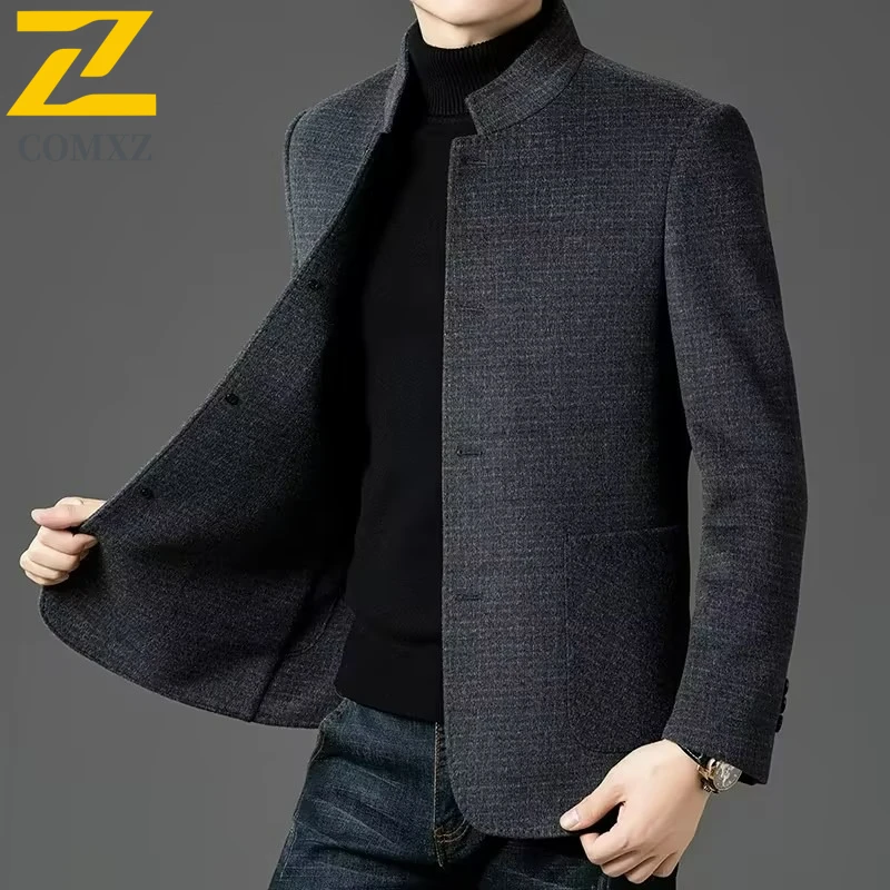 

Роскошная мужская шерстяная куртка для поездок на работу, ветрозащитное теплое пуховое пальто, повседневные легкие зимние куртки со съемной подкладкой и воротником-стойкой