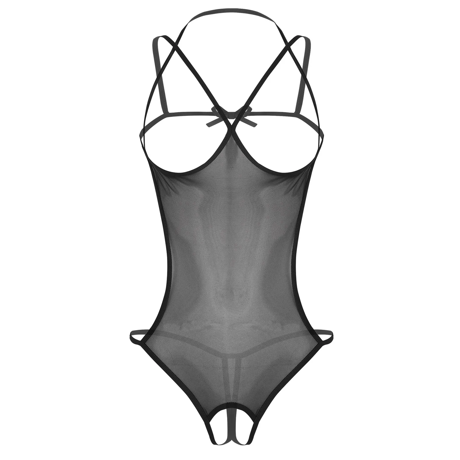 Women Mesh Lingerie Sexy Teddies Bodysuit Exposed Nipples Cup Open Crotch See-through Crotchless Catsuit Leotard Exotic Costumes