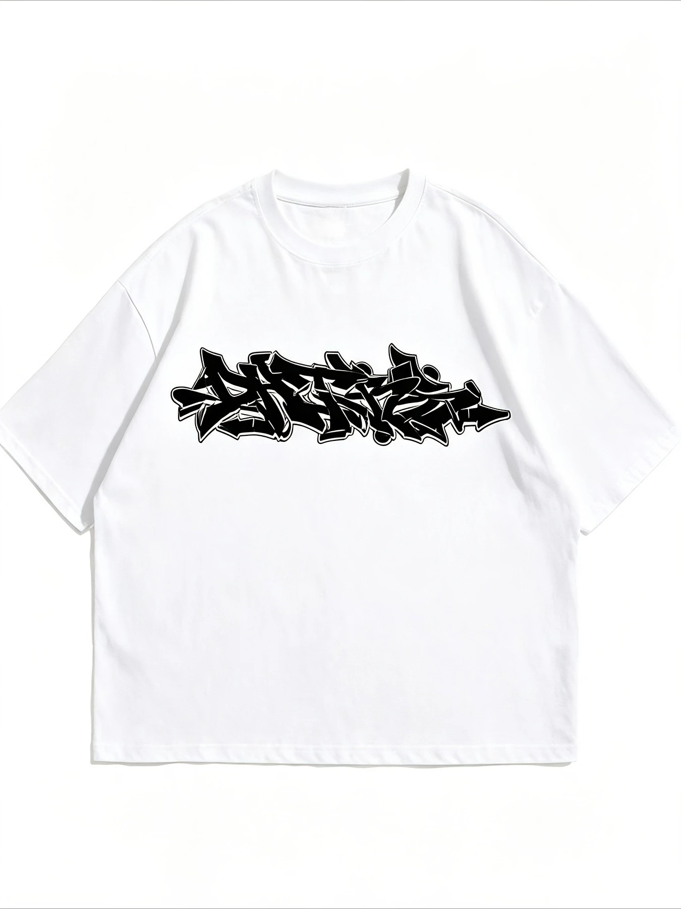 Black and White Street Graffiti Alphabet Graphic Short-Sleeve T-Shirt Vintage Hip-Hop Skate Streetwear Crew Neck Casual Shirt