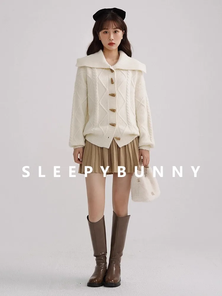 

Chic Knitted Duffle Coat Women Winter Loose Cardigan Sweater Sailor Collar Korean Style Twist Knit Outerwear Teen Casual Look