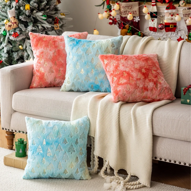 2-Pack Christmas Tree Gold Stamping Cushion Cover 45x45cm Tie-Dye Plush Pillow Cover New Year Christmas Decoration Home Decor