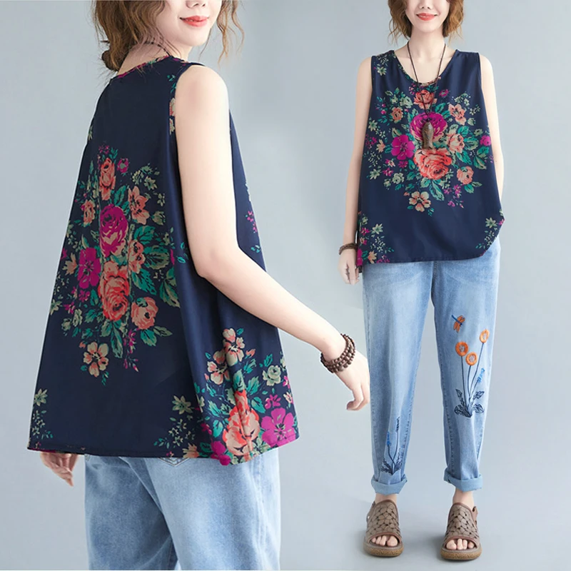 

Cool Floral Casual Strapl Top Svel Polyester Cotton Blend Summer Trendy Loose Fit T-irt for plus Size Women