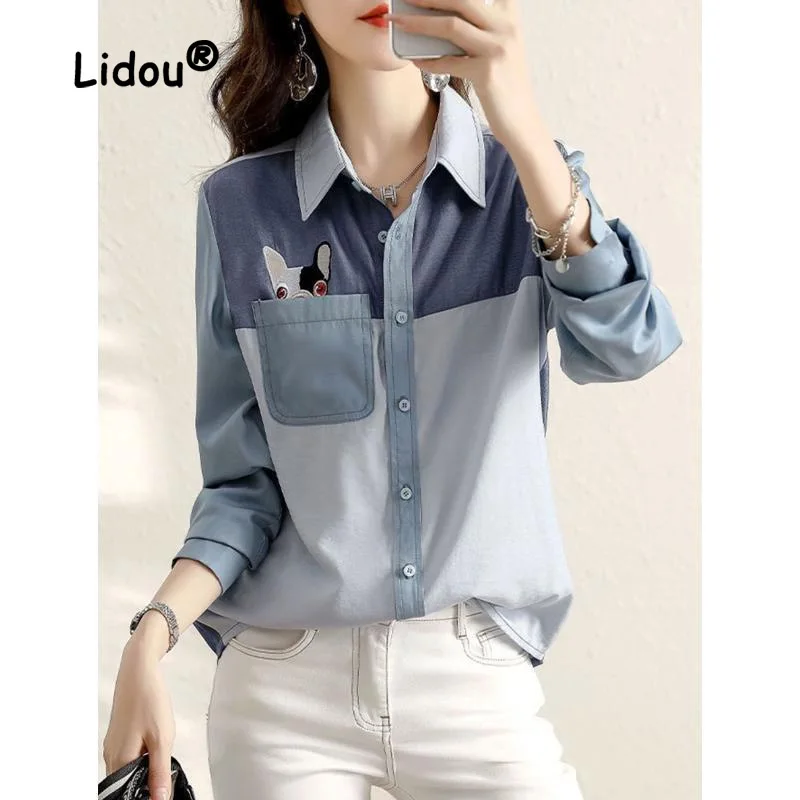 Fashion Color Matching Pocket Single-breasted Blouse Women New Classic Long Sleeve Polo Collar Blue Spring Autumn Shirt 2023