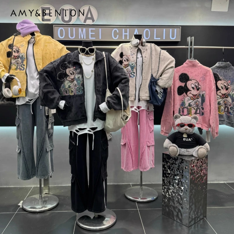 

2025 Autumn New Heavy Industry Distressed Sequin Cartoon Sweatshirt Casual Youthful Loose Couple Zipper Jacket Sudadera Mujer