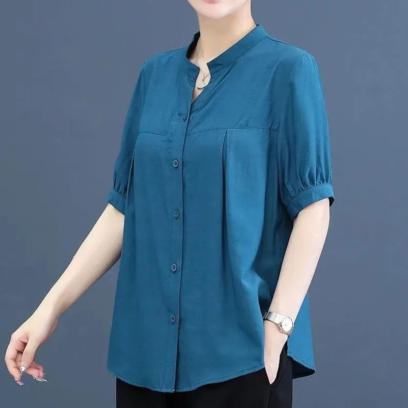 Oversize Solid Color Women\'s Clothing 2023 Summer POLO Collar Casual Tops Women Stand Collar Loose Single Breasted Chiffon Shirt