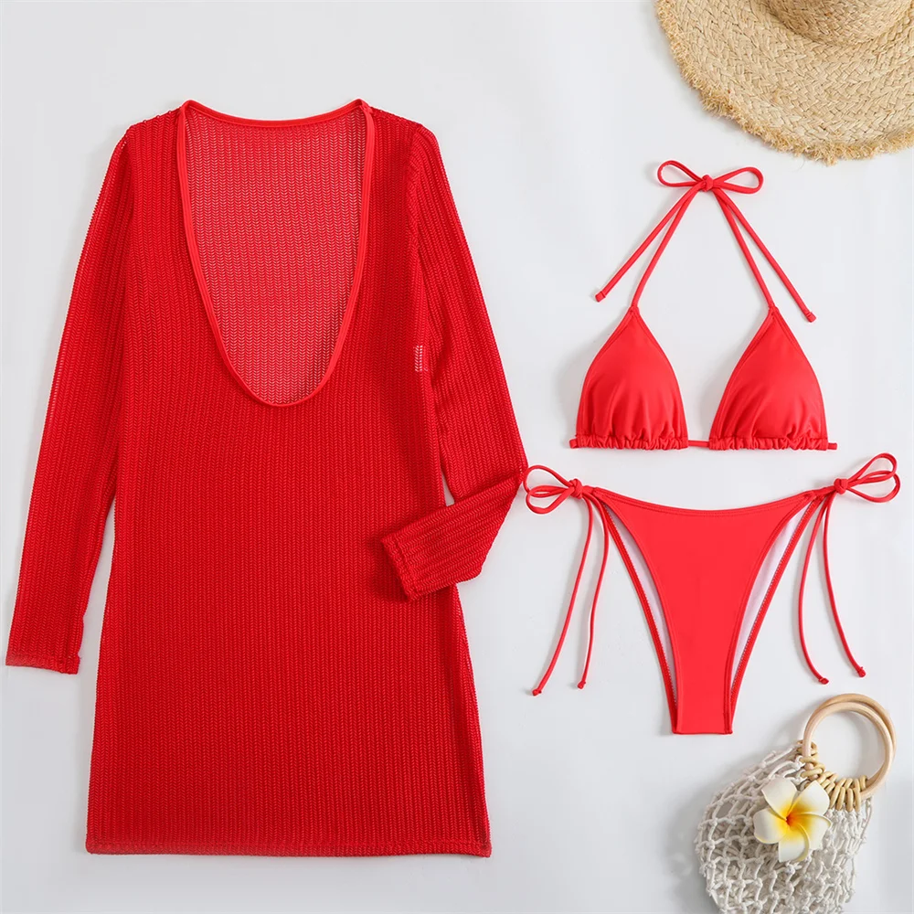 

Сексуальный купальник-бикини на шнуровке, прозрачное платье с длинными рукавами, накидка, женский пляжный наряд Y2K, купальный костюм, купальный костюм