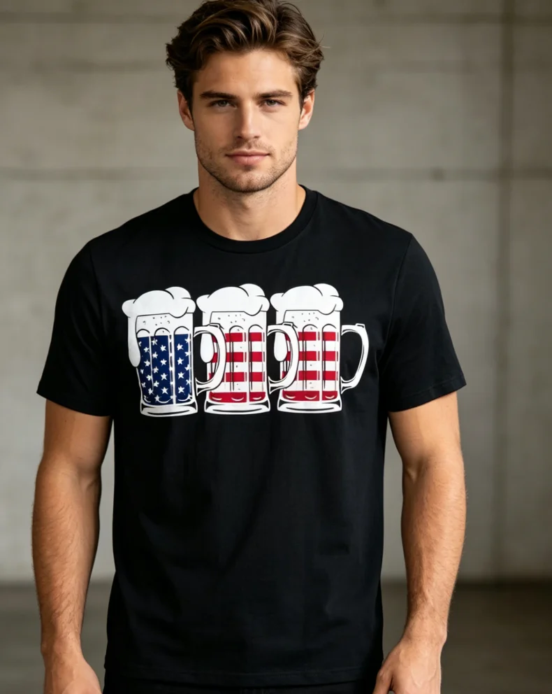 Men's Unisex's American Flag Beer Mug TShirt with Cup Design Red White Blue July 4th Party Festival Summer Wear Shirt for BBQ Ve