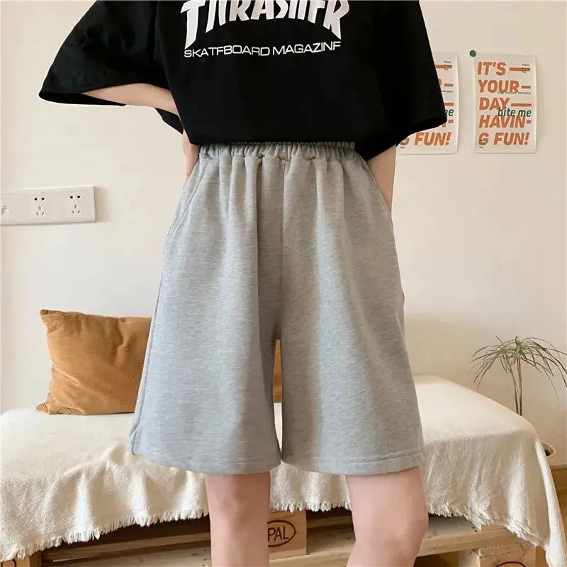 Shorts Women Solid Elastic Waist Baggy Bf Unisex Summer Hot Sale Newest Korean Style Simple Daily All-match Gray Leisure Preppy