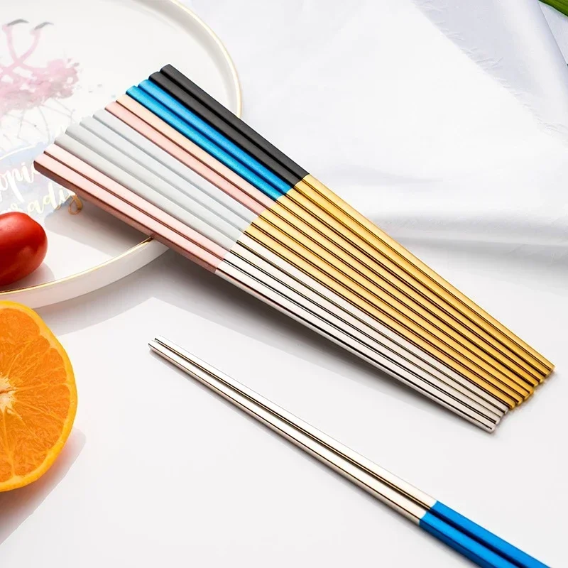 High Quality 304 Stainless Steel Square Chopsticks Titanium Gold Rose Sushi Colorful Chinese Japanese