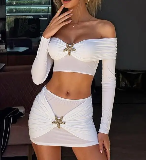 Новый комплект из 2 предметов с металлическими украшениями в виде морской звезды, женские укороченные топы с разрезом на шее и открытой спиной + мини-юбка со рюшами, уличный элегантный стильный костюм