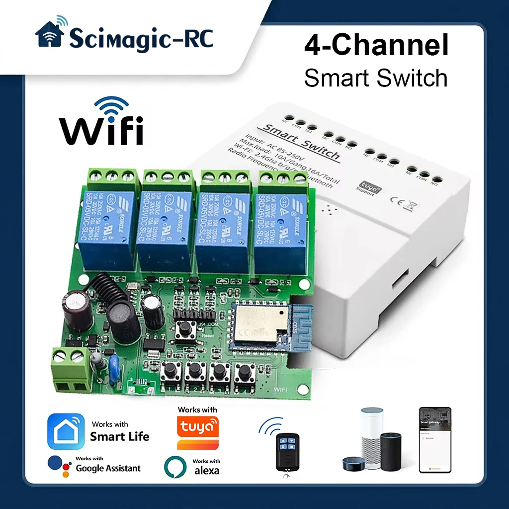 4CH Smart Switch Remote Control RF433 Receiver Home Automation 7-32V AC 220V 4 Gang Relay Module Works with Tuya Alexa