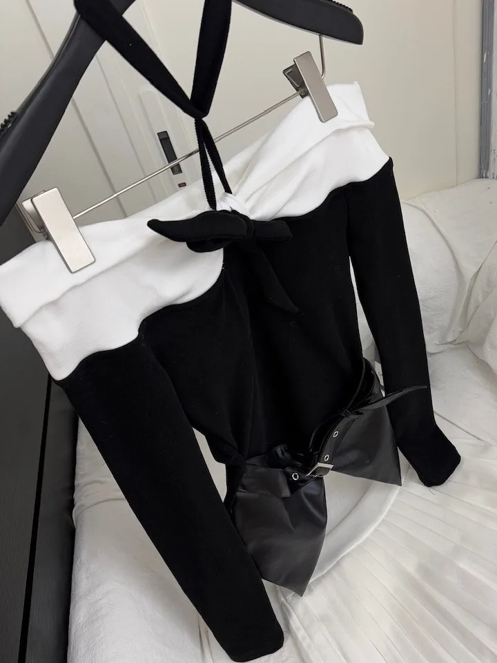 Ele Color Blo oulder Long Sve Blouse with f Skirt Pleated Ne Hanging Design Autumn Winter New Arrival