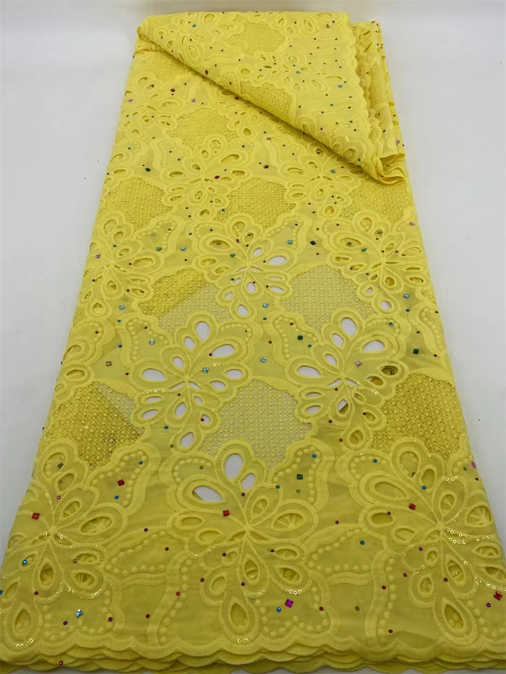 

Yellow African Lafaya Cotton Lace Fabric 2024 High Quality Swiss Voile Nigeria Rhinestones Cotton Lace For Women Evening Dresses