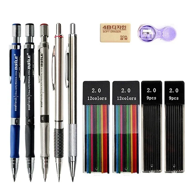 2.0mm Mechanical Pencils Set 2B Automatic Student Pencils Color/Black Lead Refills Art Drawing Pencil Sketch School Stationery