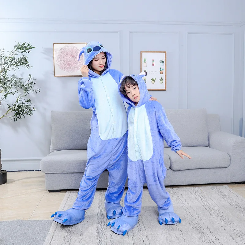 

Stitch Cartoon Onesie Parent-Child Pajamas Flannel Blue Long Sleeve Thickened Autumn Winter Family Matching Sleepwear