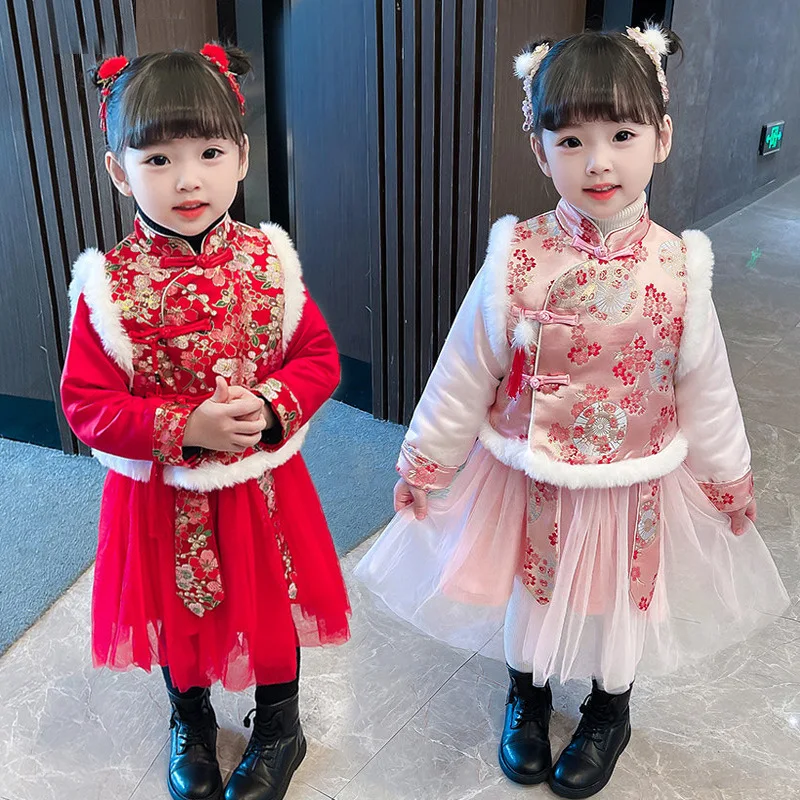 Autunm Winter Girls New Year Dress Kids Cotton Embroidery Tang Suit Children Chinese Lovely Cotton-padded Clothes