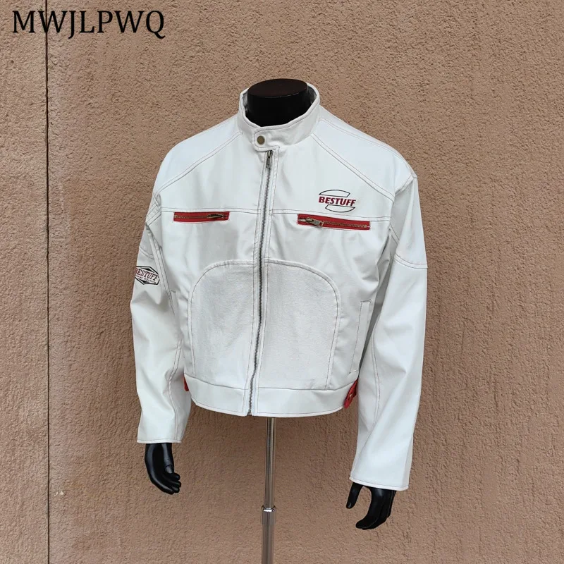 

MWJLPWQ Short Patchwork Motorcycle Leather Jacket Men's Stand Collar Trendy Design Long Sleeve Zipper Loose Casual Tops 11155