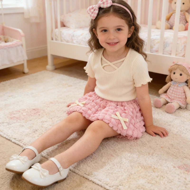 

Летний пляжный повседневный топ в корейском стиле для маленьких девочек из двух предметов с короткими рукавами + шорты с бантом для первого дня рождения, наряд