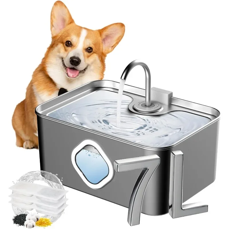 

Dog Water Fountain for Large Dogs - 7L/236 oz Capacity Stainless Steel Automatic Water Dispenser - Quiet Pump,